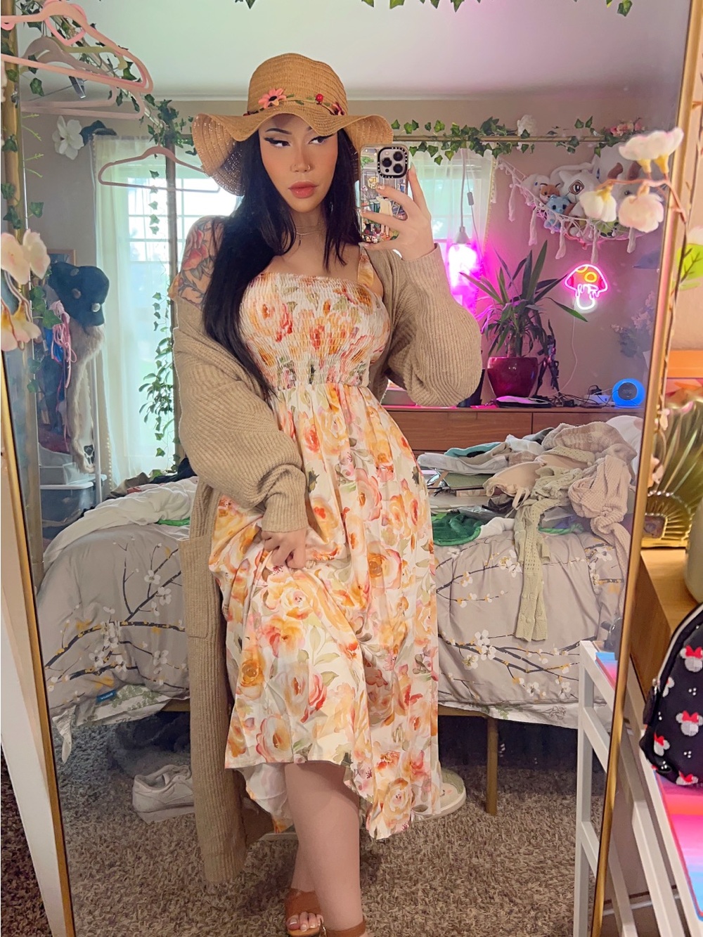 Floral Smocked Midi Dress in Peach Floral